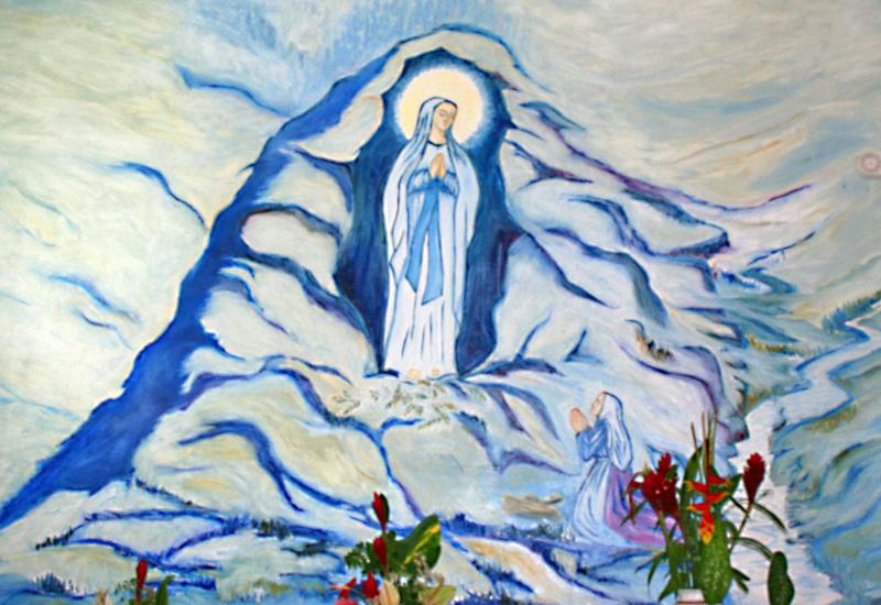 Eglise Sainte-Bernadette des Grands Fonds. Fresque représentant la grotte de Massabielle à Lourdes